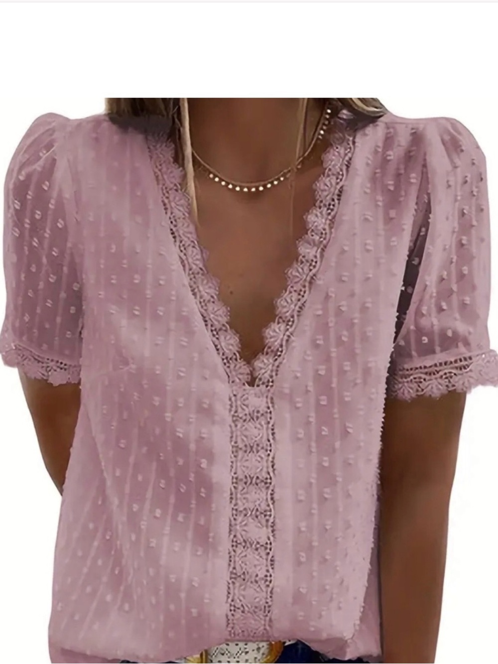 💖 BOUTIQUE BRAND Pink Swiss Dot Lace Trim V-Neck Blouse